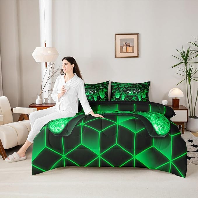 Game Consoles Bed in a Bag King Size Comforter Set 7 Pieces,Neon Geometric Gamepad Bedding Set,3D Geometric Gamer Sheet Set Green Flame Bed Set,Gaming Decor for Boys Bedroom Gamer Gifts