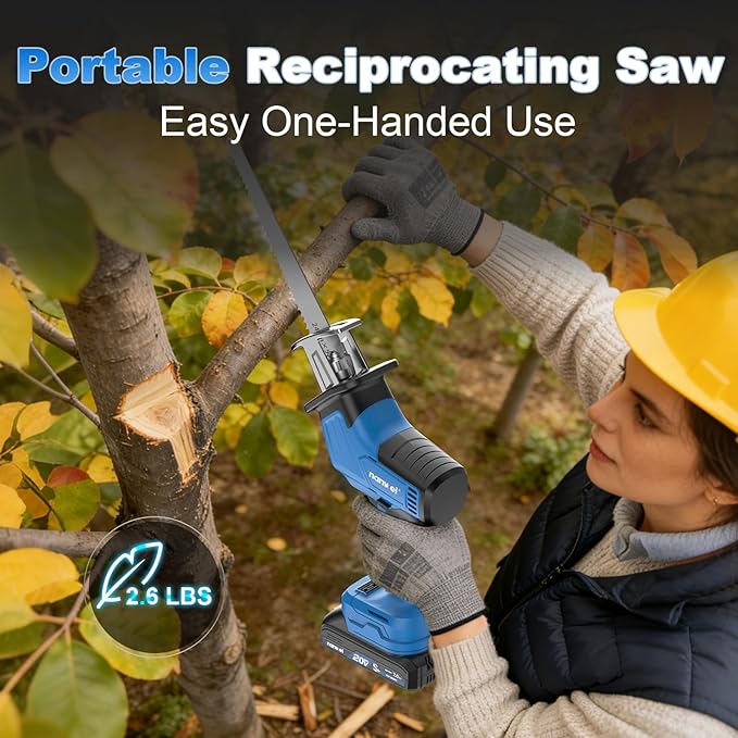 NANWEI Cordless Reciprocating Saw, 20V Brushless Motor 3500RPM Variable Speed, 2×2.0Ah Batteries, Tool-Free Blade Change, LED Light, 6 Blades, Portable for Wood/Metal/PVC Cutting (2.0Ah Batteries)