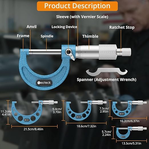 Neoteck 0-4"/0.0001" Outside Micrometer 4PCS Hardened Steel Precision Mechanical Micrometer Set with 1"/2"/3"Calibration Standards Wrench and Case for Machining, Automotive, Inspection