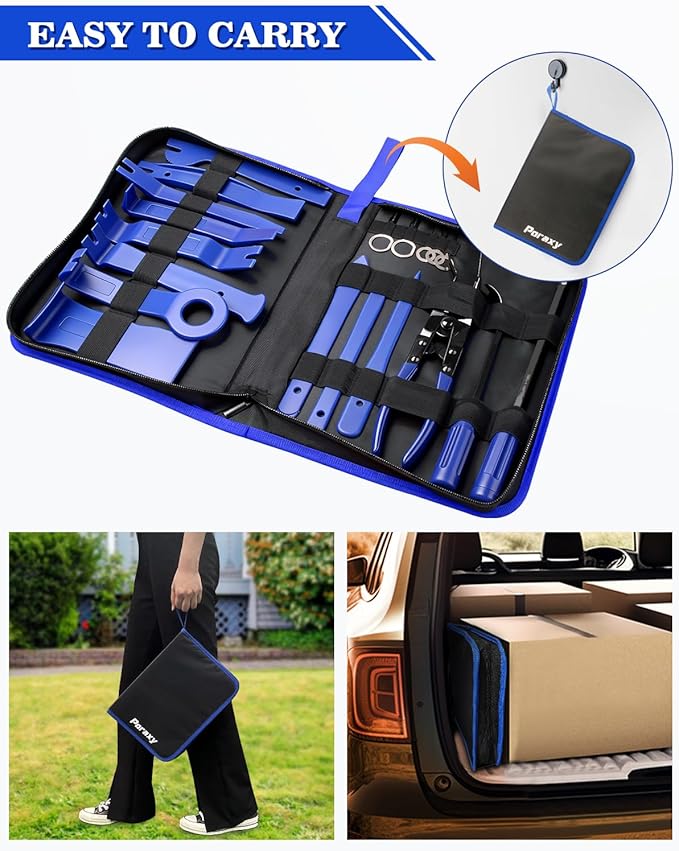 Poraxy 19Pcs Trim Removal Tool, Car Panel Dashboard Door Audio Trim Removal Tool Kit, Auto Clip Pliers Fastener Remover Set, Plastic Pry Tool, Automotive Upholstery Removal Kit