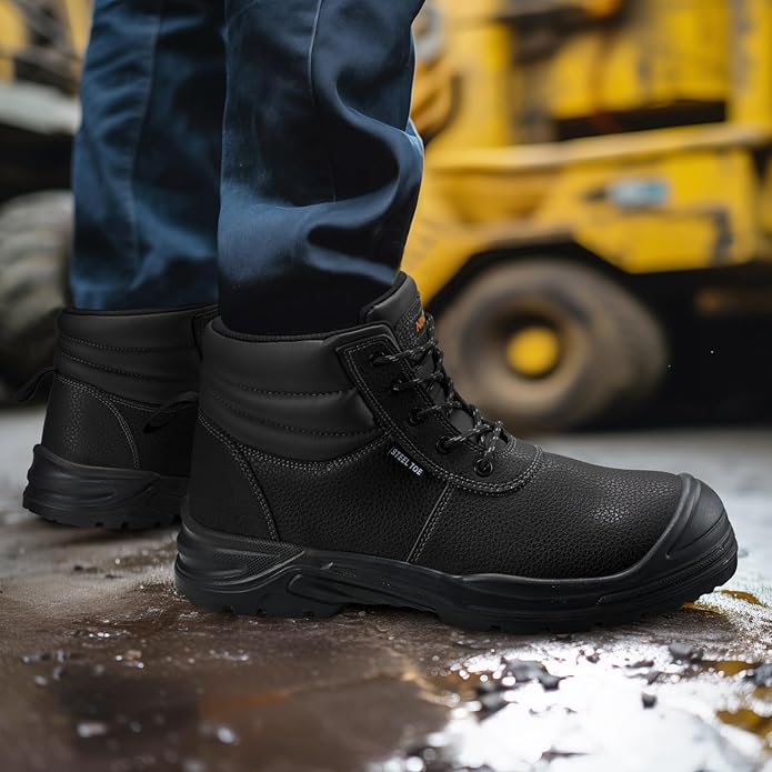 NINGO Steel Toe Work Boots for Men, Non Slip & Puncture Resistant Construction Boots with Breathable Lining, EH Protection, Comfortable Mens Safety Leather Work Shoes for Industrial, Walking Warehouse