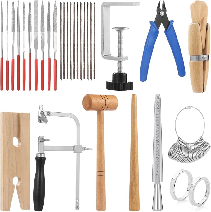 OMISTAR Jewelers Tools Set, Professional Measuring & Making Kit - Includes Saw Frame, Bench Pin, Needle Files, Clamps & Sizers, Complete Silversmithing Starter Set for Jewelry Craft