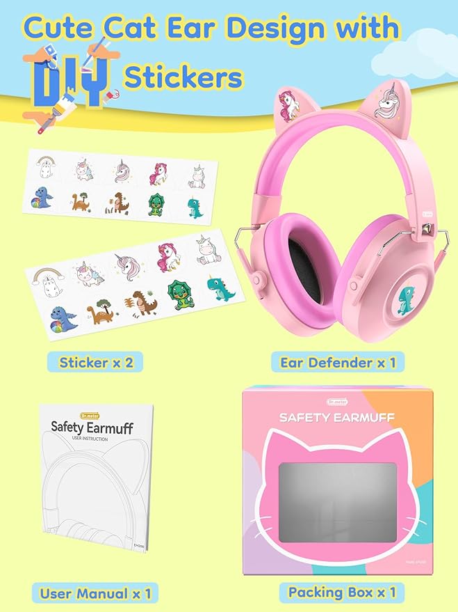 Dr.meter Ear Muffs for Noise Reduction: 32dB SNR Noise Cancelling Headphones for Kids Autism Sensory, Adjustable Kids Ear Hearing Protection for Autism Sensory, Fireworks, Concert w/Fun Stickers