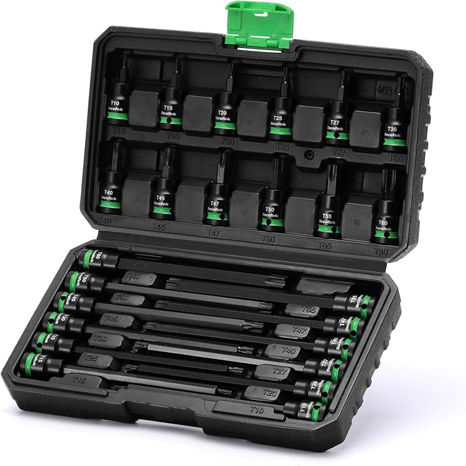 TecoTek 3/8" Drive Impact Torx Bit Socket Set, Extra Long Torx Socket, S2 Alloy Steel Star Bit Sockets, 24PCS Star Bit Set, T10-T60, 2in & 6in Long, CR-V & S2 Alloy Steel Set, Enhanced Storage Case