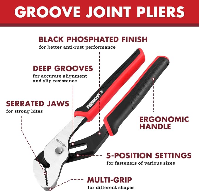 ARROW 8-Inch Groove Joint Pliers, Adjustable Water Pump Pliers with TPR Handle, High Carbon Steel Tongue and Groove Plier for Plumbing, Automotive and Household Repairs