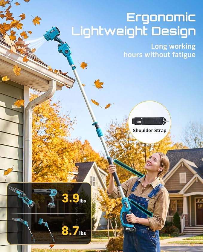 SEESII 4-in-1 Cordless 8 Inch Pole Chainsaw & Leaf Blower Battery Powered | 2 x 4000mAh Batteries, Adjustable 180° 560CFM Hand Blower, Electric Saw with 10FT Extension Pole for Tree Trimming, Lawn Care