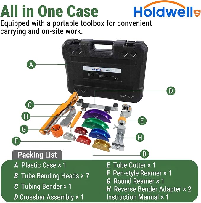Ratcheting Pipe Tube Bender Set 1/4" to 7/8" O.D., 90° Forward & Reverse Bending Tool W/ 7 Color-Coded Aluminum Heads, Pipe Cutter & Deburring Tool for HVAC, Refrigeration & Plumbing