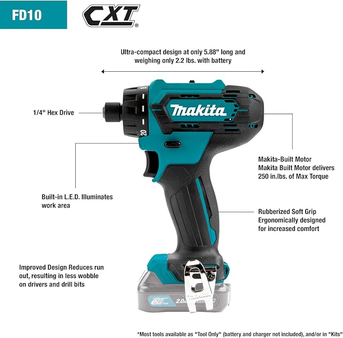 Makita FD10R1 12V max CXT Lithium-Ion Cordless 1/4" Hex Screwdriver Kit (2.0Ah) with ADP06 12V max CXT Lithium-Ion Cordless Power Source