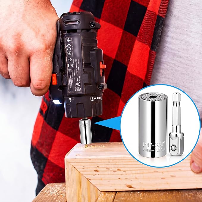 12 Pack Universal Socket, 7-19mm Adjustable Wrench with Power Drill Adapter, Self Adjusting Socket Fits Standard Metric Nuts Bolts Hooks Eye Screws for Auto Repair (Silver)