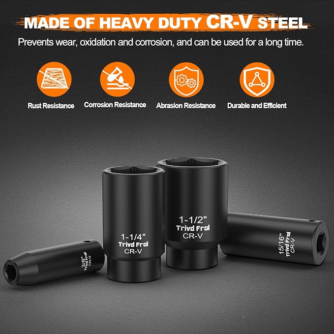 SAE Impact Socket Set 1/2" Drive - Trivd Frol 19 Piece Deep Socket Set | 1/2" Deep Impact Socket Set, SAE 3/8" to 1-1/2", Cr-V Steel, 6-Point, Double Lock Case