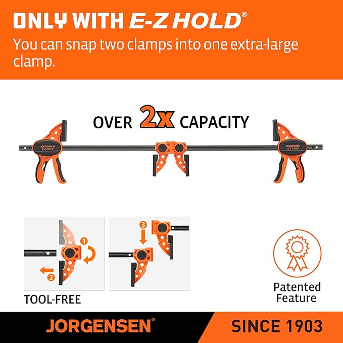 Jorgensen E-Z Hold 300LBS Medium Duty Clamps, 12 Inch 2-Pack Expandable Clamp/Spreader, One Hand Bar Clamps, Trigger Clamp, Bar Clamps for Woodworking