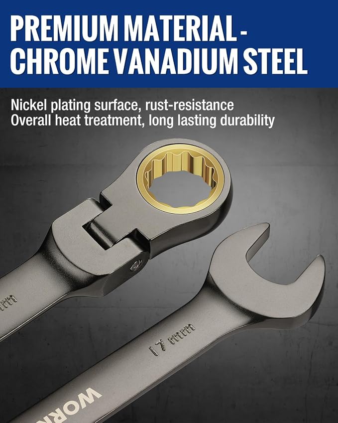 WORKPRO 8-piece Ratcheting Combination Wrench Set, Metric & Nickel Plating | Metric 9-17 mm, 180° Flex-Head, 72-Teeth Cr-V Steel, Combination Wrench Set with Organization Bag for Auto Repair & Home DIY