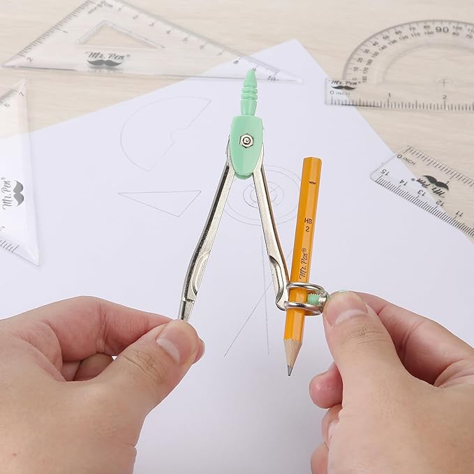 Mr. Pen- Geometry Set, 13 pcs, 3 Metal Compasses, Protractor, 6" Ruler, 45° & 30°/60° Set Squares, Pencils, Lead Refills, Sharpener & Eraser for Math, Drafting & Classroom Use