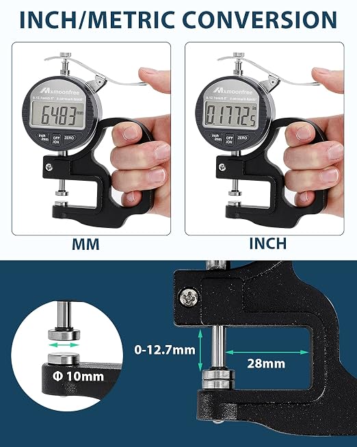 Digital Thickness Gauge 0-12.7mm/0.5inch 0.001mm High Resolution | Micrometer flat contact plates, 28mm throat depth, constant spring tension, unit conversion, storage case, battery included