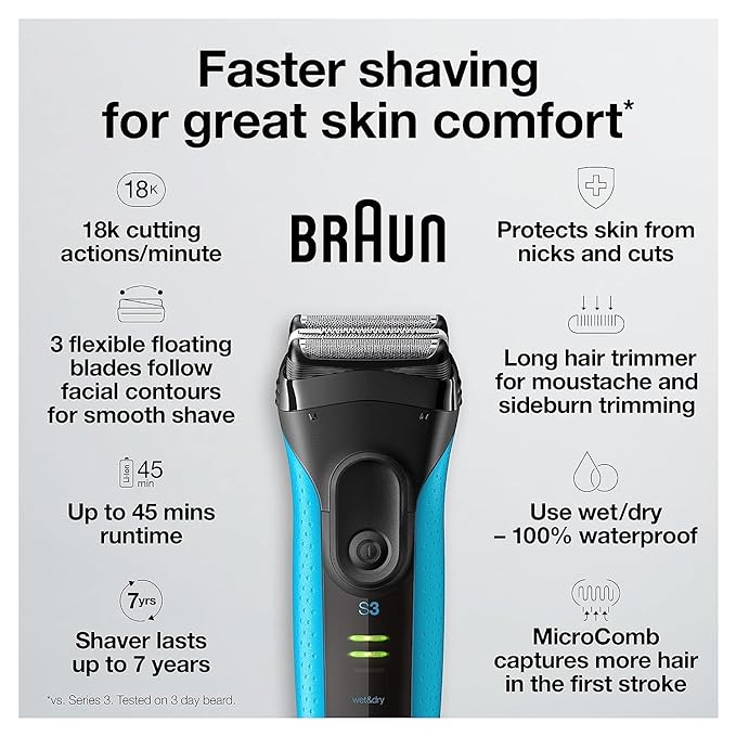 Braun Electric Series 3 Razor with Precision Trimmer, Rechargeable, Wet & Dry Foil Shaver for Men, Blue/Black, 4 Piece (Pack of 2)
