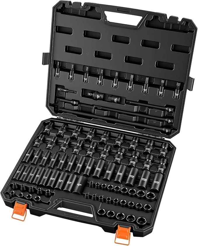 VEVOR Impact Socket Set 3/8" Drive 90-Piece, CR-MO, Shallow & Deep, 6 Point | SAE 1/4"-3/4" & Metric 6-19mm, with Swivel & E-Torx & Bit Sockets, Extension Bars, Adapters, Universal Joint