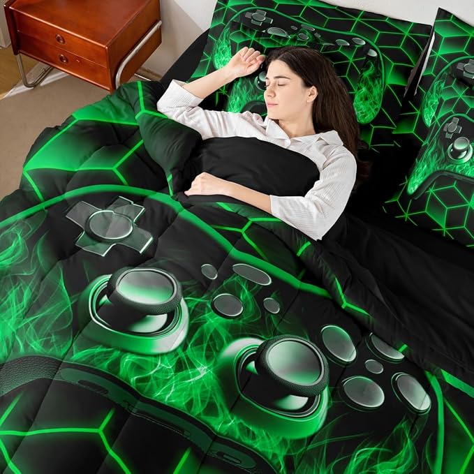 Game Consoles 7 Piece Comforter Set Full Bed in a Bag,Neon Geometric Bedding Set,3D Geometric Gamer Comforter and Sheet Set Green Flame Bed Set,Gaming Decor for Boys Bedroom Gamer Gifts