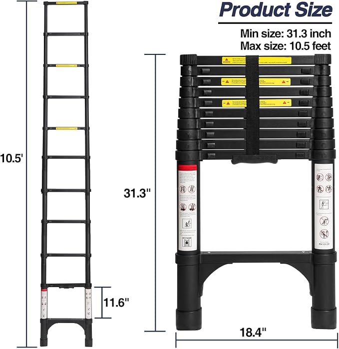 BOCOM 10.5 FT Aluminum Telescoping Ladder, Lightweight Multi-Purpose Collapsible Extension with 2 Triangle Stabilizers, Heavy Duty 330 lbs Max Capacity, Ideal for Home, RV, and Outdoor Work Black