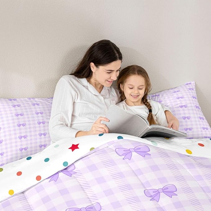 Feelyou Purple Bow Checkered Kids Comforter Set Queen Size Chic Grid Bowknot Bedding Set Girly Duvet Quilt for Kids Boys Girls Bedroom Decor Microfiber Ultra Soft Breathable