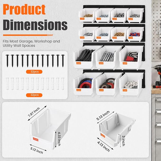 14pc Wall-Mounted Storage Organizer Mixed V1 V2 Combo White | Heavy duty metal rails multi-size bins combo pack for garage tools, screws, hardware & batteries.
