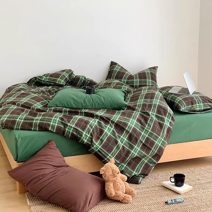 Sedefen Gingham Duvet Cover Queen Brown Vintage Plaid Bedding Set with Green Checked Kids Boys Girls Retro Soft Microfiber Breathable Duvet Cover Set