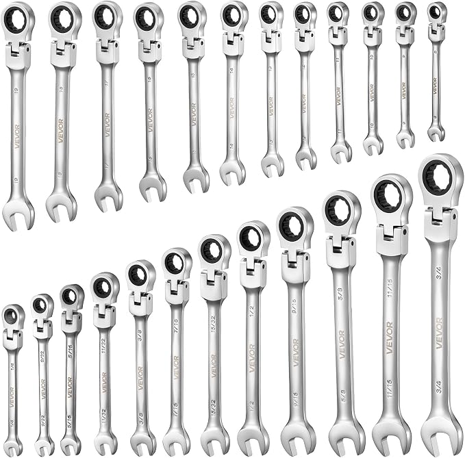 VEVOR 24-piece Ratcheting Wrench Set with 180° Flex Head, Anti-Slip Tooth, Combination Wrench Sets with Organizer Box, Metric 8-19mm & SAE 1/4-3/4", Polished