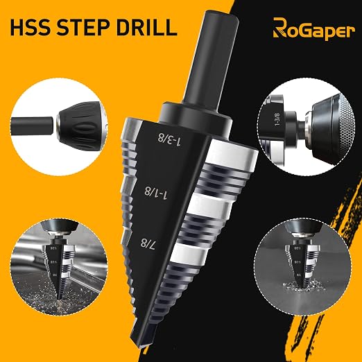 1/4 to 1-3/8 Inch Step Drill Bit, M2 High-Speed Steel Double Fluted Drill bits, Straight Grooved Step Drill Bit for Hole Drilling in Stainless Steel, Copper, Aluminum, Wood, Plastic