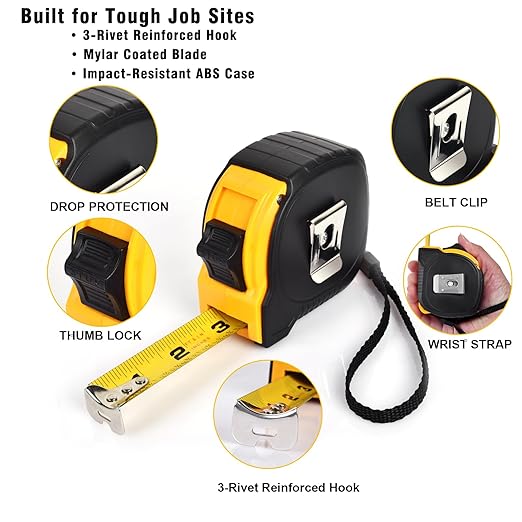 Tape Measure 16 ft, Easy Read Measuring Tape with Fractions 1/8, Retractable 16-Foot by 3/4-Inch Blade with Durable Coating & Impact-Resistant Case for Contractors & DIY - 5 PCS