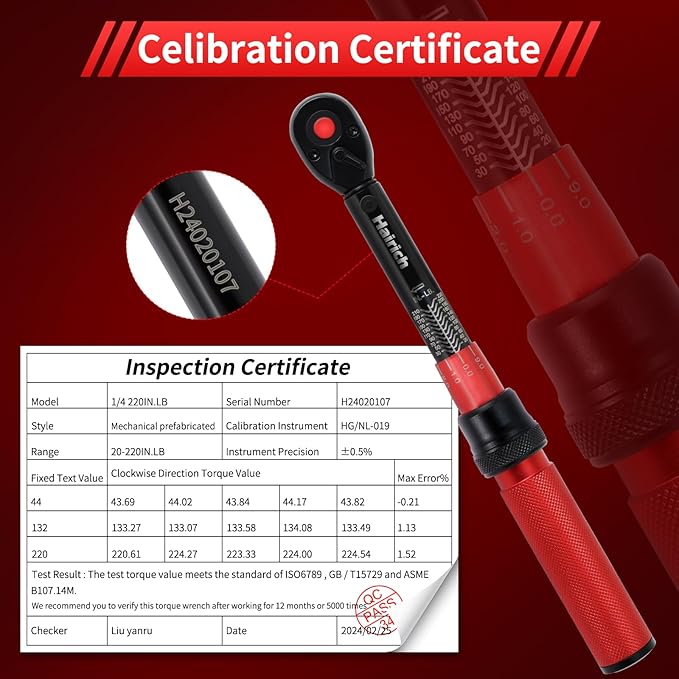 Hairich 1/4-Inch Torque Wrench Bike,2.3-24.9 N.M/20-220IN.LB, Drive Click Torque Wrench Set,16PCS 72-tooth Torque Wrenches Set with Extension Bar & Socket Sets for Bicycle