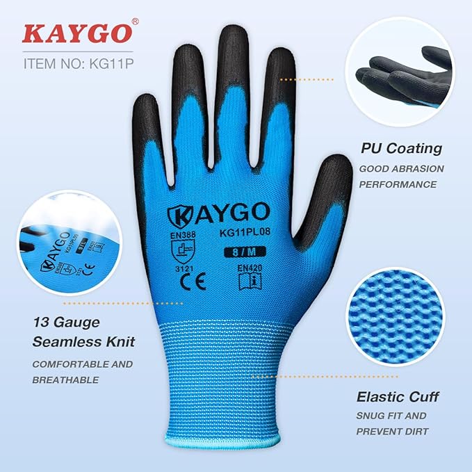 KAYGO Work Gloves for Men and Women, 12 Pairs Seamless Knit PU Coated Safety Gloves, with Smooth Grip on Palm and Fingers, Ideal for Light Warehouse, Manufacturing, Gardening, KG11P (M, Blue)