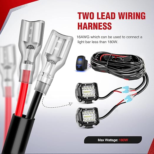 Nilight 10011W 16AWG Wiring Harness Kit-2 Leads LED Light Bar 12V On/Off 5 Pin Rocker Switch Power Relay Blade Fuse for Jeep Boat Trucks, 2 Years Warranty