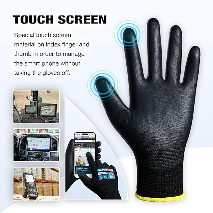 Work Gloves PU Coated for Men and Women, 60 Pairs Safety Work Gloves with Two Fingers Touchscreen, Breathable and Lightweight,Ideal for Light Warehouse, Manufacturing, Gardening, KG11P (XL, Black)
