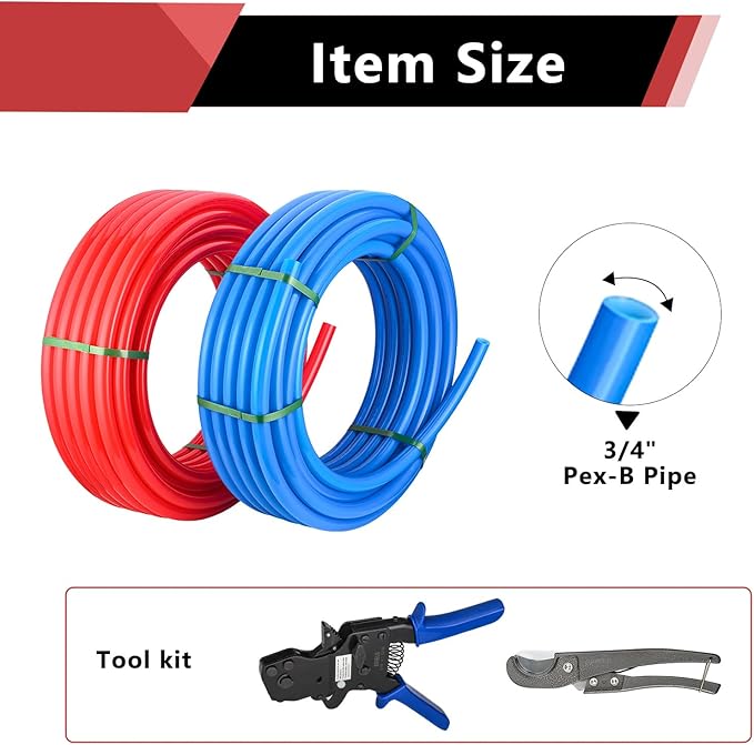 (Pipe&Combo Kit) EFIELD Pex-B Pipe Blue & Red 3/4" 2 x100ft with Ratchet CrimpingTool and Pipe Cutter