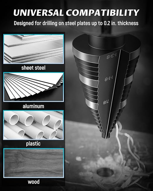 LICHAMP Double Fluted Step Drill Bit for Cutting Metal Hole 19 Sizes from 3/16 to 1-3/8 inch, Genuine High Speed Steel