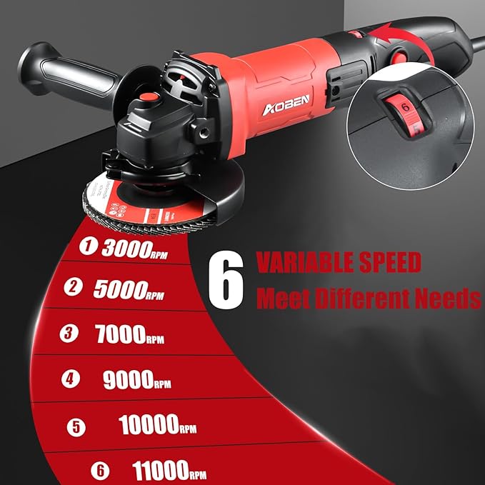AOBEN 900W Angle Grinder 4-1/2 inch | 7.5Amp, 11000 RPM, 6-Speed Corded Electric Cut off Tool with Switch Lock | for DIY & Metal Cutting, Grinding & Polishing