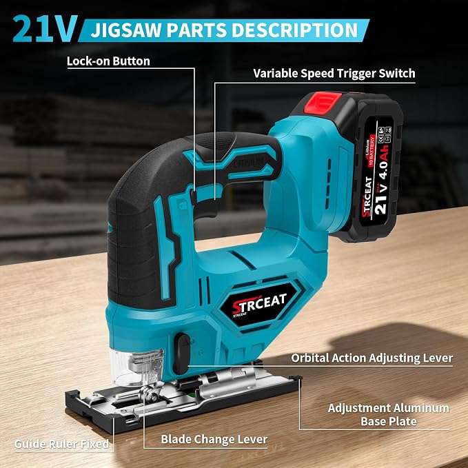 21V Cordless Jigsaw Tool, Electric Jig Saw with 2× 2.0Ah Batteries, 0°-45° Bevel Cuts, 4 Orbital Settings for Wood Cutting, 2800SPM Variable Speed, Mini Jigsaw for Straight/Curve/Circle Cutting (Blue)