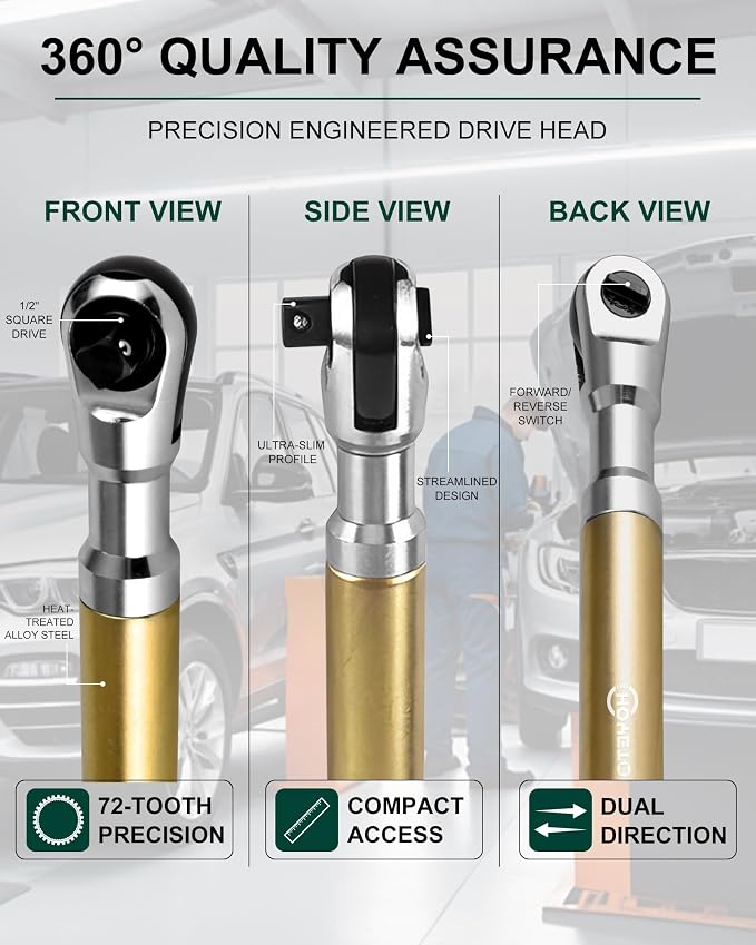 Gold 430mm offset Extension Ratchet Wrench Set, Impact Ready | Premium gold finish. Long reach manual ratchet for tight spaces. Compatible with electric impact guns for extra speed.