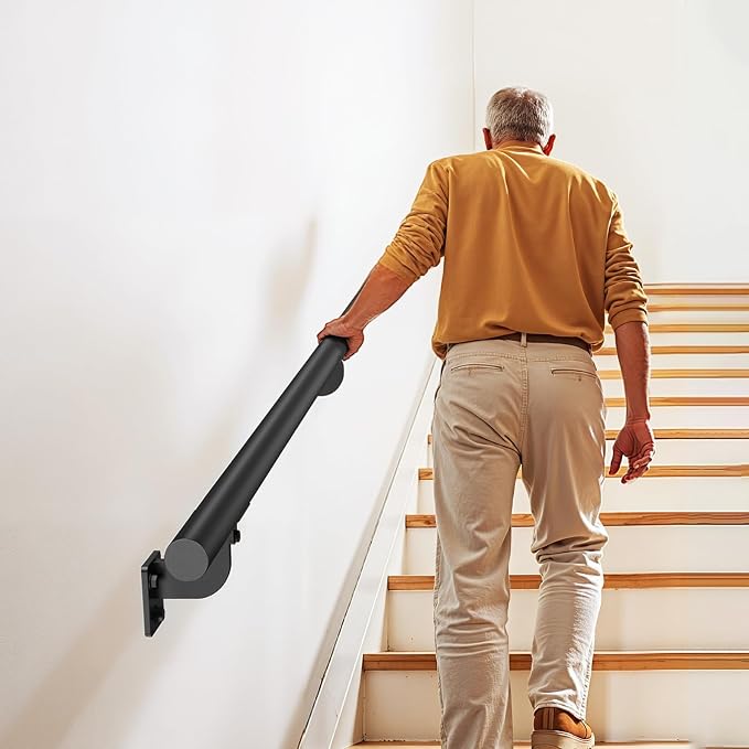 VEVOR Wall Mounted Stair Handrail, 7ft Pipe Staircase Handrail, Black Galvanized Aluminum, 1.26 inch Pipe Diameter, Indoor&Outdoor Staircase Railing,Industrial Hand Rail for Steps,Security Baluster