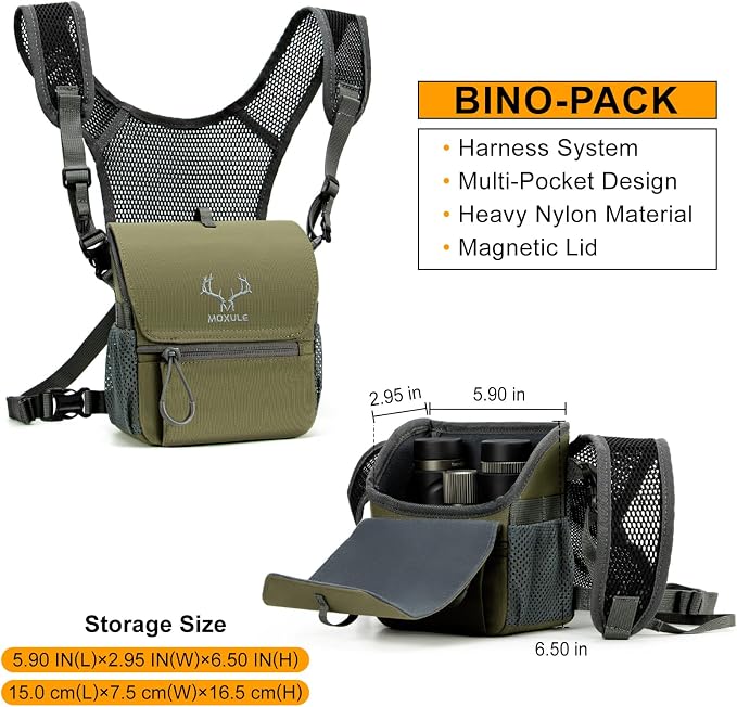 Binocular Harness Chest Pack: Bino Case, Magnetic Lid, Rain Cover | Silent one-hand access, water-resistant fabric, MOLLE webbing for hunting, birdwatching and hiking