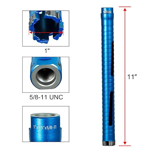 SALI Diamond Core Drill Bits 1" Diameter 10"/254mm Drilling Depth 5/8-11" Thread Core Bit Turbo Laser-Welded Segments for Cured Concrete with, Brick, Block, Masonry, with Two Adapters