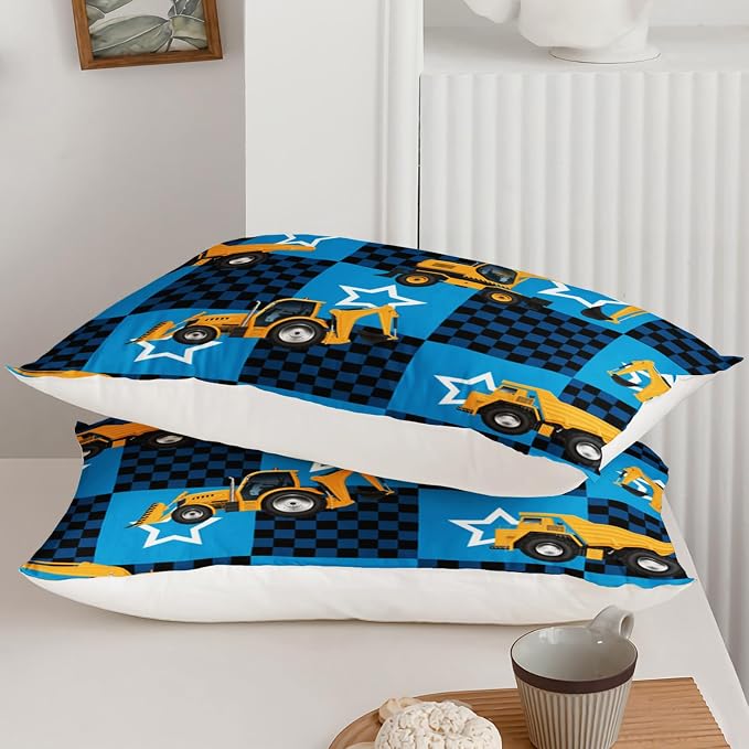 Axolotl Excavator Comforter Set King Size,Blue Plaid Comforter with Star,Cartoon Excavator Bedding for Kids Boys Teens,3 Piece Construction Vehicle Bed Set for Boys,1 Quilt 2 Pillowcases