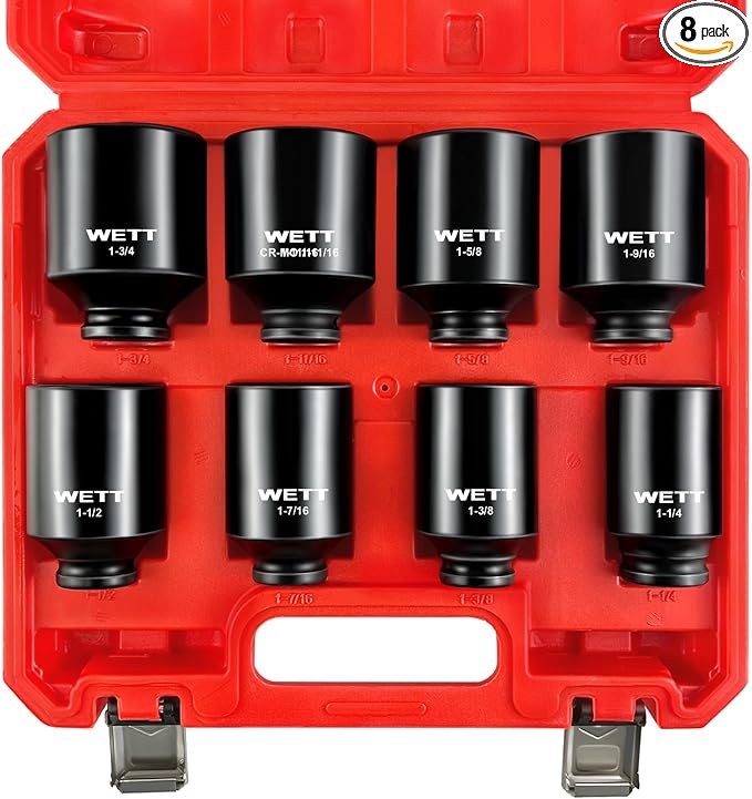 WETT 1/2" Drive Deep Large Impact Socket Set, 8-Piece Spindle Axle Nut Large Sockets Set, Standard SAE 6 Point Wheel Wrench Sockets, CR-V Steel, (1-1/4-Inch-1-3/4-Inch)