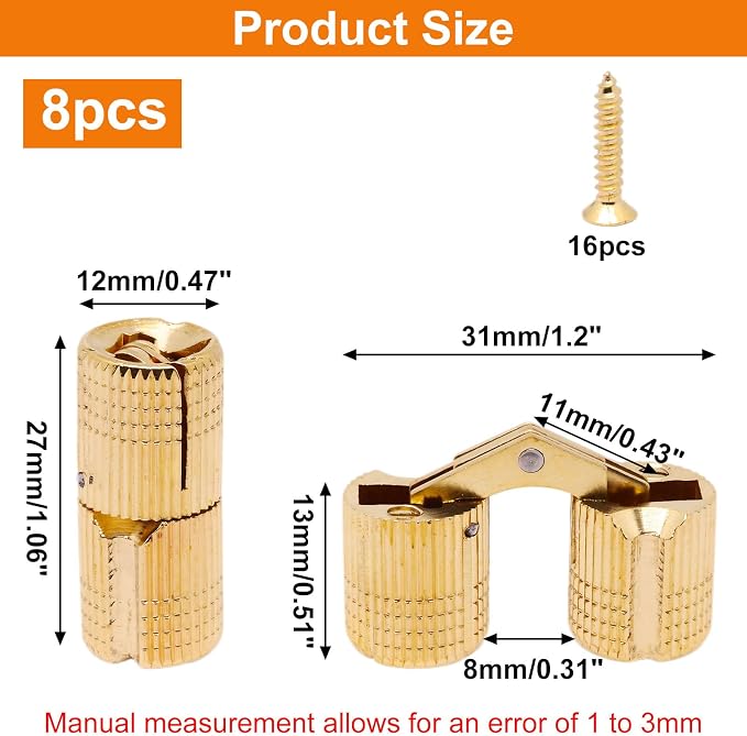 12mm Brass Barrel Hinges Cylindrical Hidden Cabinet Concealed Invisible Furniture Hinges Mount 180 Degree Opening Angle 8Pcs