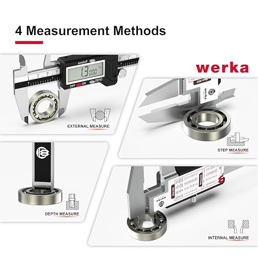 werka Digital Caliper, Calipers Measuring Tool, Auto-Off Micrometer Caliper with 0.001”High-Accuracy,Inch/Fraction/Millimeter Conversions Button,4 Measuring Ways, Stainless Steel (12 Inch)