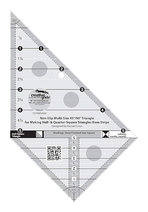 Creative Grids Multi Size Triangle 45 and 90 Degrees Quilt Ruler – CGRMS4590 – Made in USA, 9-1/2in x 6-1/4in, Non-Slip Grip Acrylic Quilting, Sewing, Crafting, Patchwork Ruler & Template