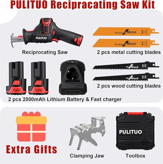 PULITUO Reciprocating Saw Cordless, Power Reciprocating Saws Compact Design，Including 2pcs 2000mAh Li-Ion battery, 1-Hour Fast Charger, Clamp Jaw, 4pcs of Saw Blades for Wood/Metal/PVC