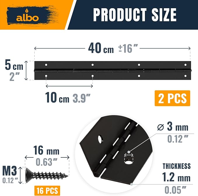 ALBO 16 Inch Black Heavy Duty Piano Hinge Continuous Stainless Steel 304 (2-Pack), Surface Mount Cabinet Hinges Matte Black 16"x2" for Storage Box, Workbench & Display Case, Rustproof