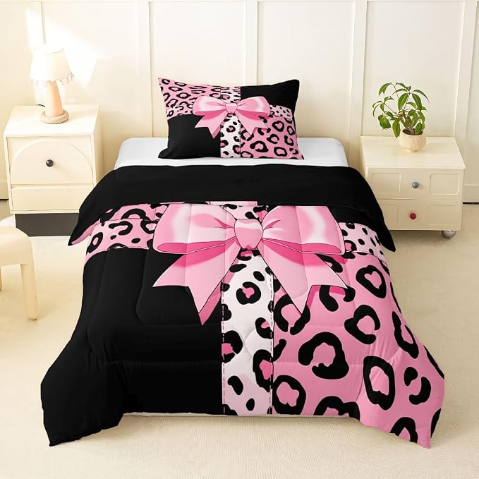 Feelyou Leopard Print Comforter Set All Season Cute Cheetah Bow Bedding Set with 1 Pillow Cases Animal Fur Microfiber Kids Toddler Bedclothes Bedroom Decor Duvet Quilt Breathable Soft Lightweight