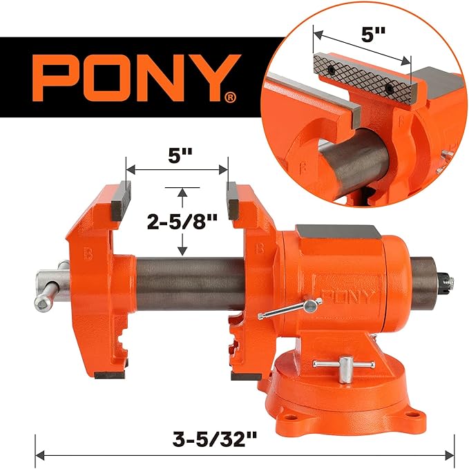 PONY Heavy Duty Bench Vise, 5-inch Jaw Width and Opening, 360-Degree Swivel Base With Anvil, Utility Combination Pipe Home Vise for Woodworking, One-Pair Vise Jaw Pad Included