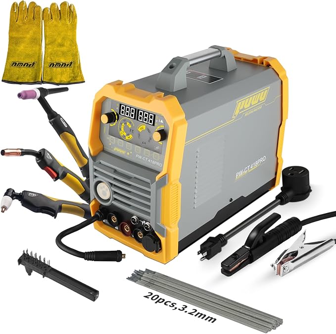 Plasma Cutter Welder Combo, Gas MIG/Gasless MIG/HF TIG/Stick/CUT 5 in 1 Aluminum Welding Machine with 110V/220V Dual Voltage Multi Process Welder with 20PCS Rods and Gloves